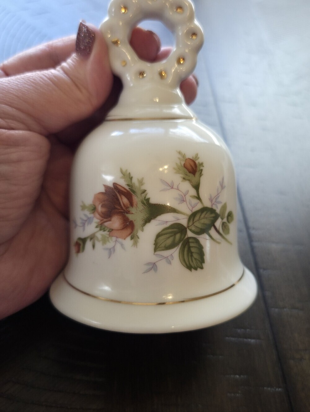 Vintage Porcelain Rose Bell Ivory & Gold Scalloped Handle Floral Decor